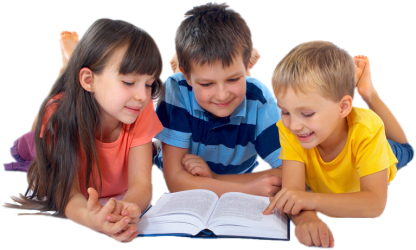 Three kids, two boys and a girl, laying down and reading a book