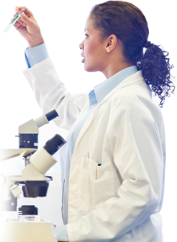 A scientist woman working at the lab, holding up a vile